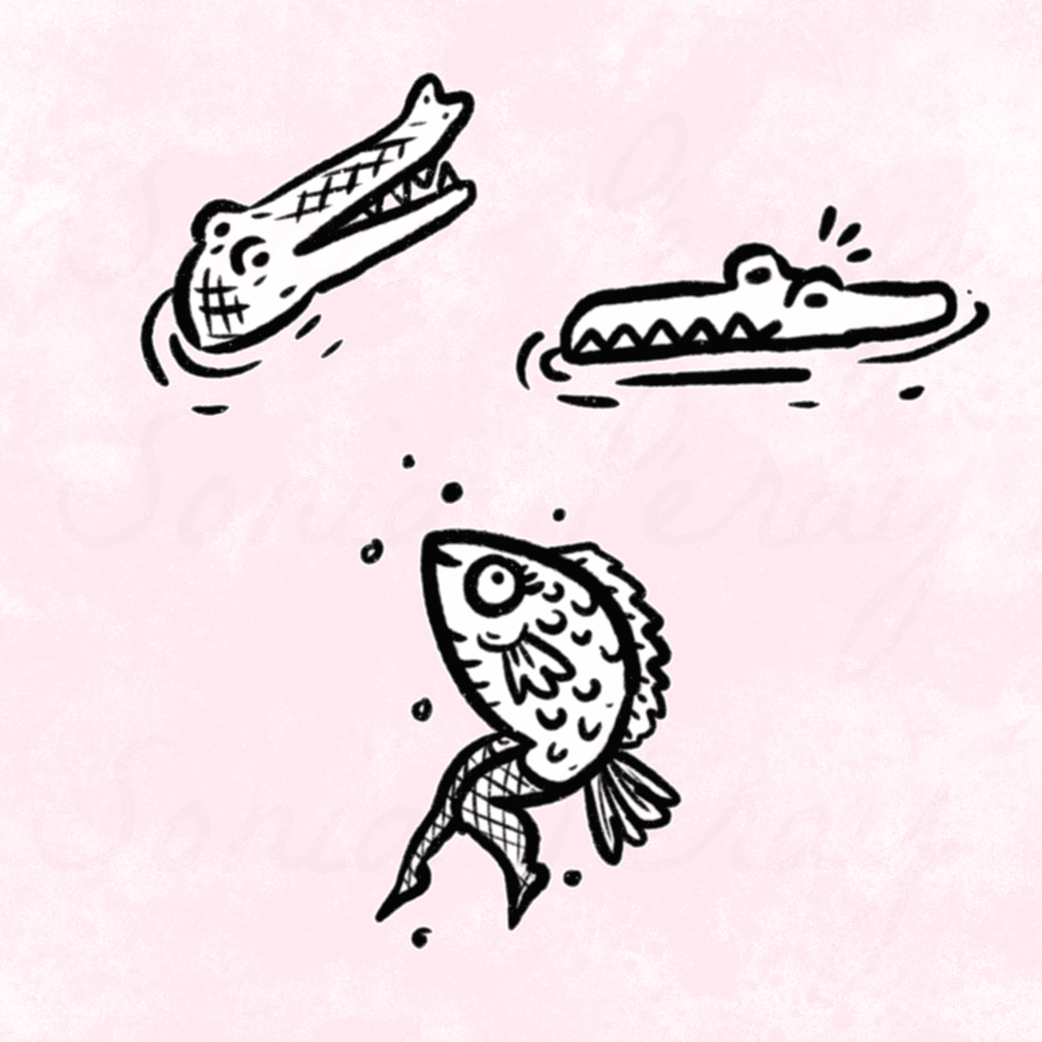 flash tattoo crocodiles et une sirène inversée, avec une tête de poisson